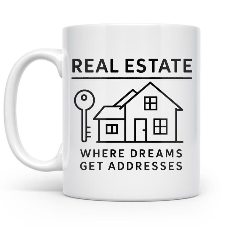 Tailorly White Ceramic 11 oz Mug - Real Estate Where Dreams Get Addresses Minimalist Black Line Art Illustrating A Modern Dwelling And Large Key House