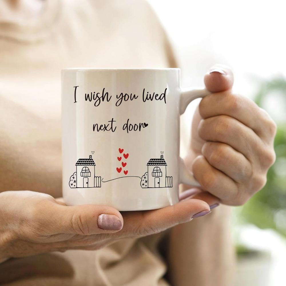 Tailorly White Ceramic 11 oz Mug - I Wish You Lived Next Door Minimalist Sketch Of Neighboring Homes With Tiny Red Hearts House