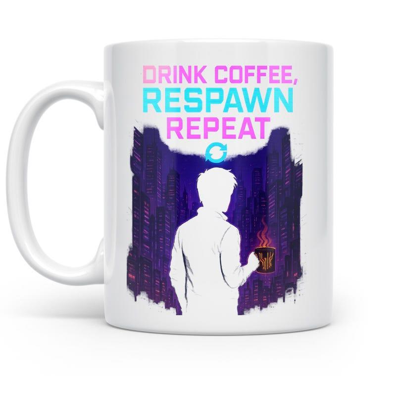 Tailorly White Ceramic 11 oz Mug - Drink Coffee Respawn Repeat Backlit Figure Holding Steaming Cup Inside A Mystic Digital Forest Gamer