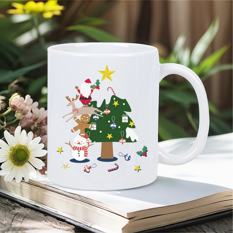 Tailorly White Ceramic 11 oz Mug - Festive Green Pine Tree With Santa Reindeer Snowman And Gingerbread Man Ornaments Tree