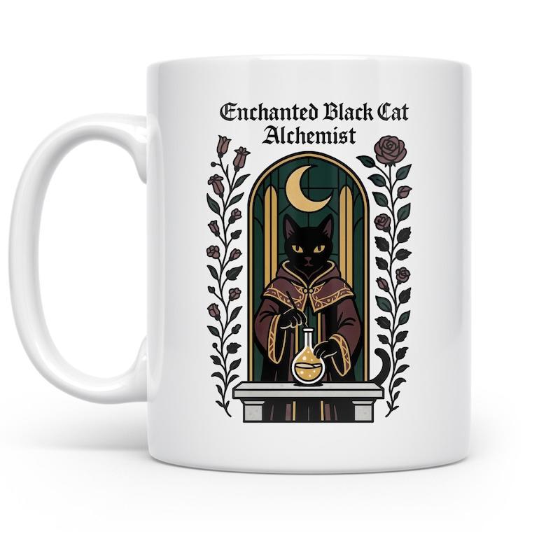 Tailorly White Ceramic 11 oz Mug - Enchanted Black Cat Alchemist Mystical Gothic Archway With Floral Vines And Golden Potion Holding Cat