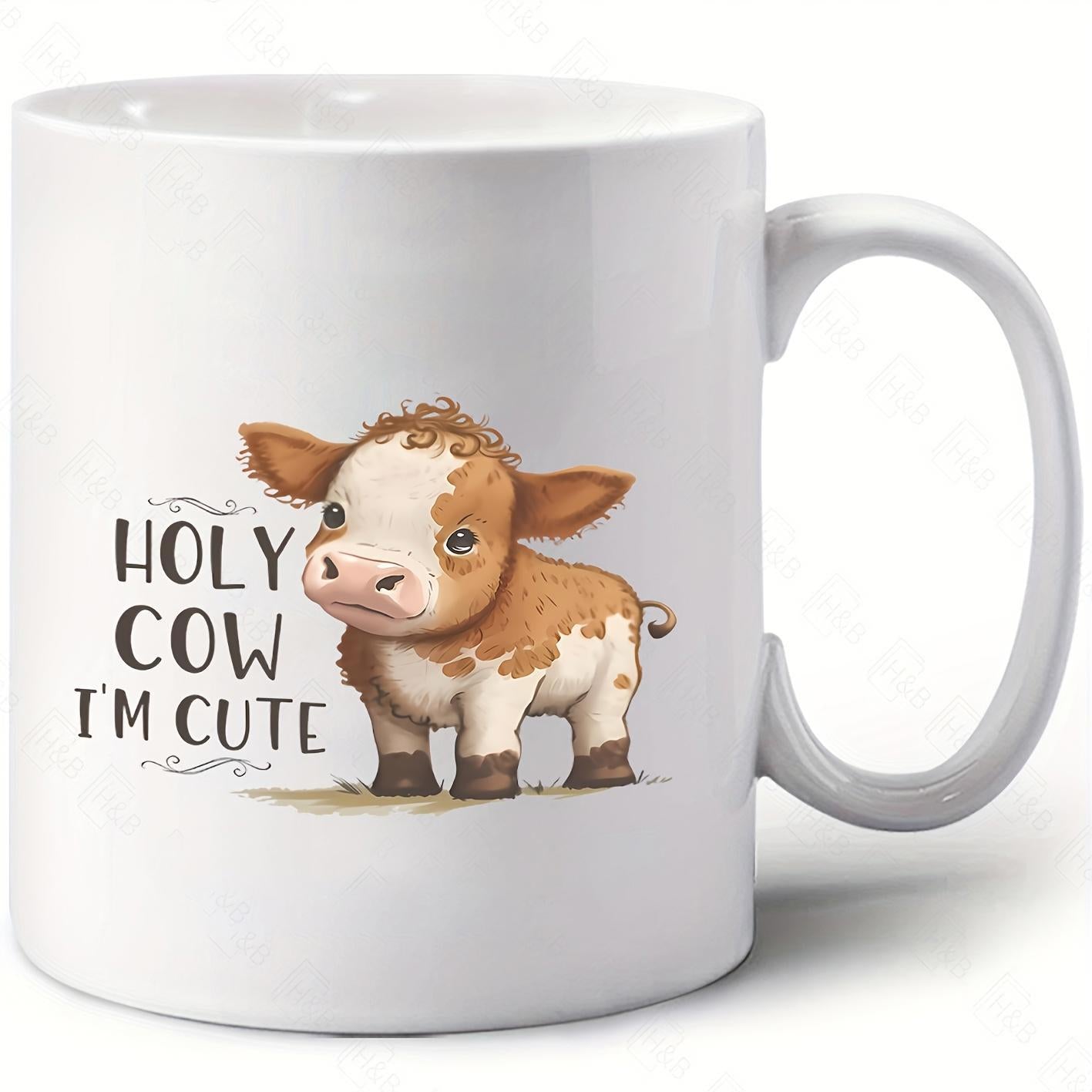 Tailorly White Ceramic 11 oz Mug - Holy Cow Im Cute Adorable Small Brown And White Baby Calf Standing Gracefully Cow