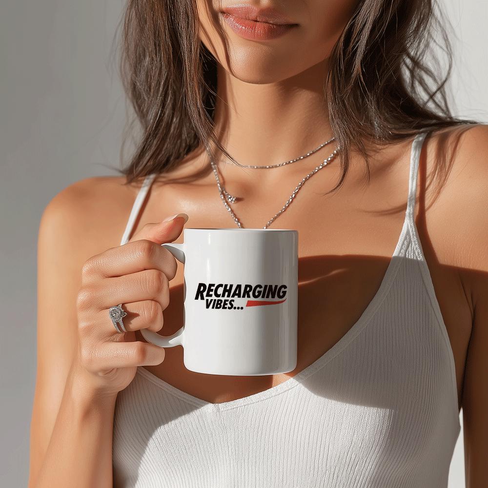 Tailorly White Ceramic 11 oz Mug - Recharging Vibes Bold Energetic Black Lettering With Linear Red Status Indicator Battery