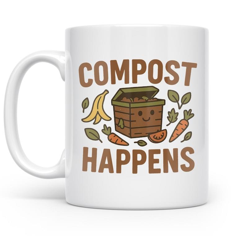 Tailorly White Ceramic 11 oz Mug - Compost Happens Cute Smiling Wooden Bin Among Scattered Leaves And Vegetable Scraps Composter