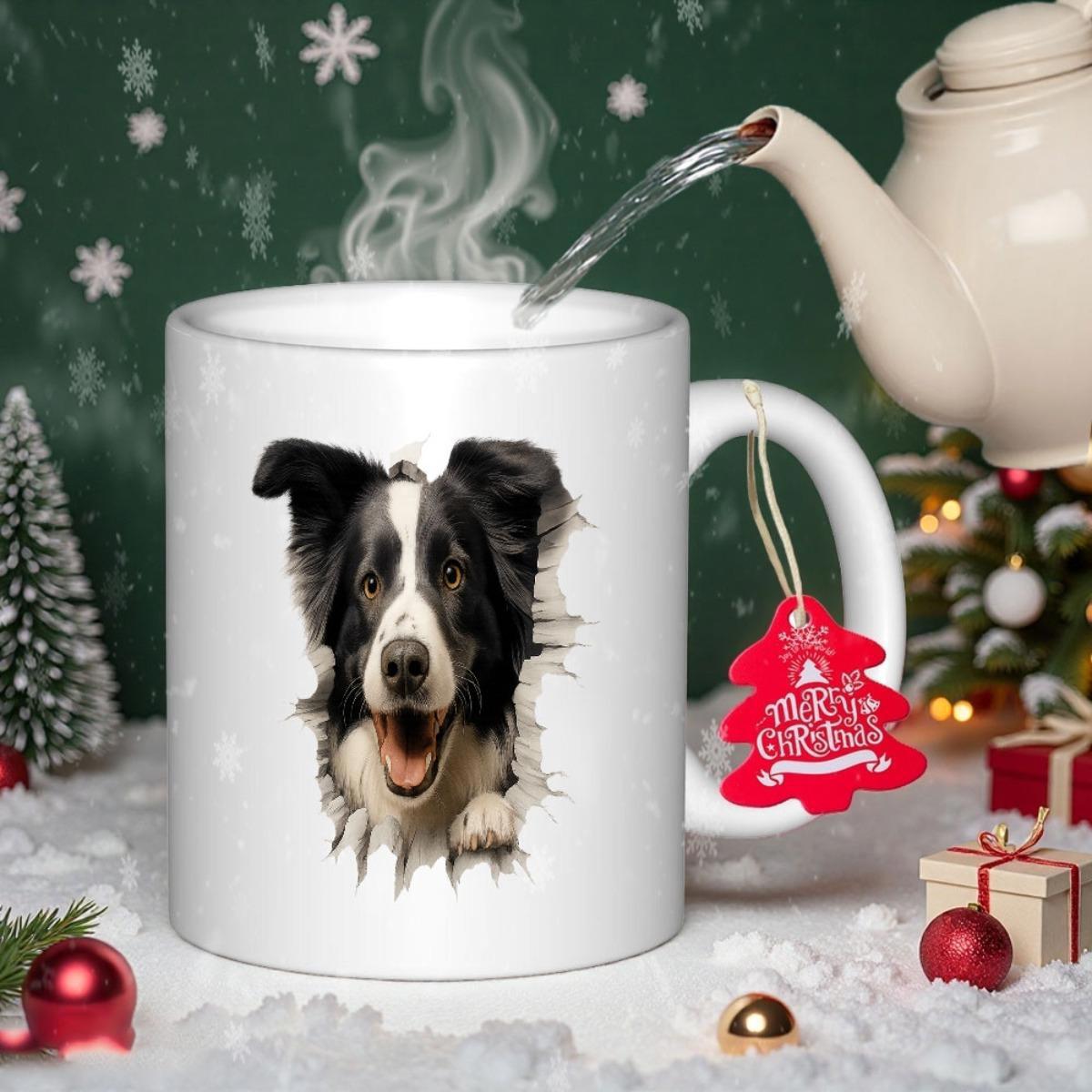 Tailorly White Ceramic 11 oz Mug - Friendly Border Collie With Expressive Eyes Bursting Through Realistic White Paper Dog