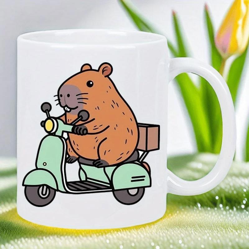 Tailorly White Ceramic 11 oz Mug - Adorable Cartoon Capybara Riding A Mint Green Vintage Delivery Scooter Capybara