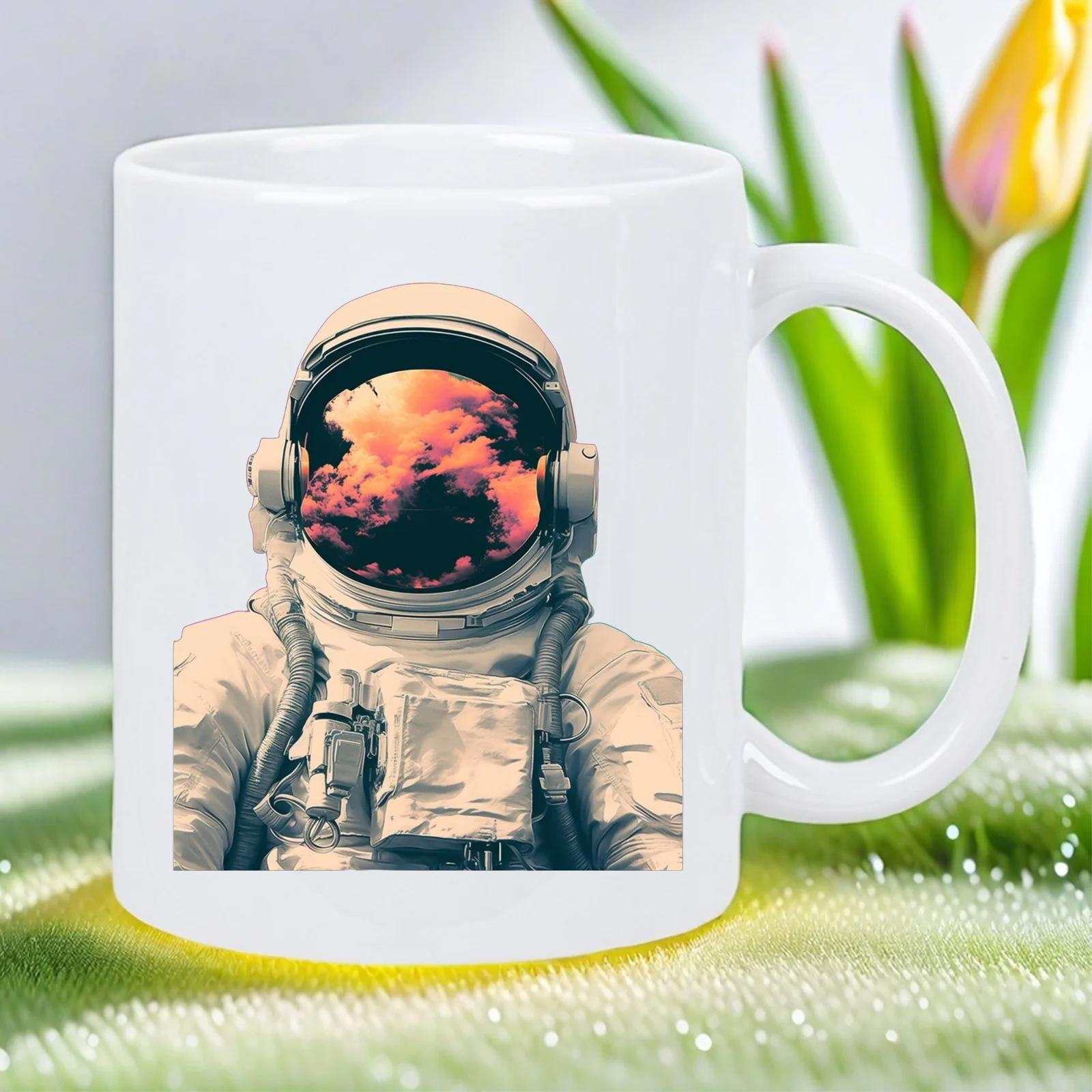 Tailorly White Ceramic 11 oz Mug - Spaceman Floating In Cosmic Void With Vibrant Orange Cloud Reflection Astronaut
