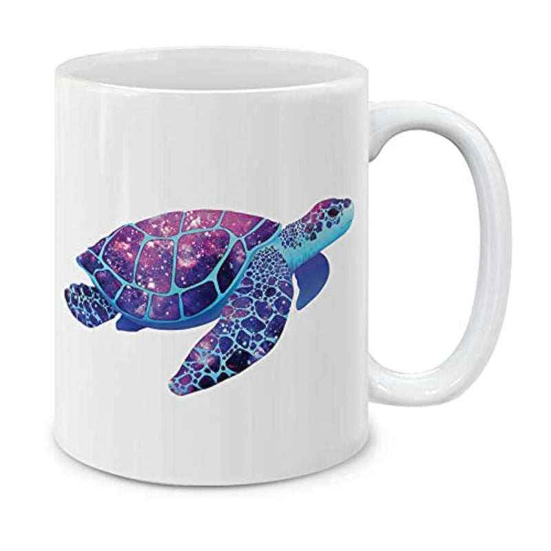 Tailorly White Ceramic 11 oz Mug - Vibrant Cosmic Galaxy Pattern Swimming Gracefully Through The Deep Blue Ocean Turtle