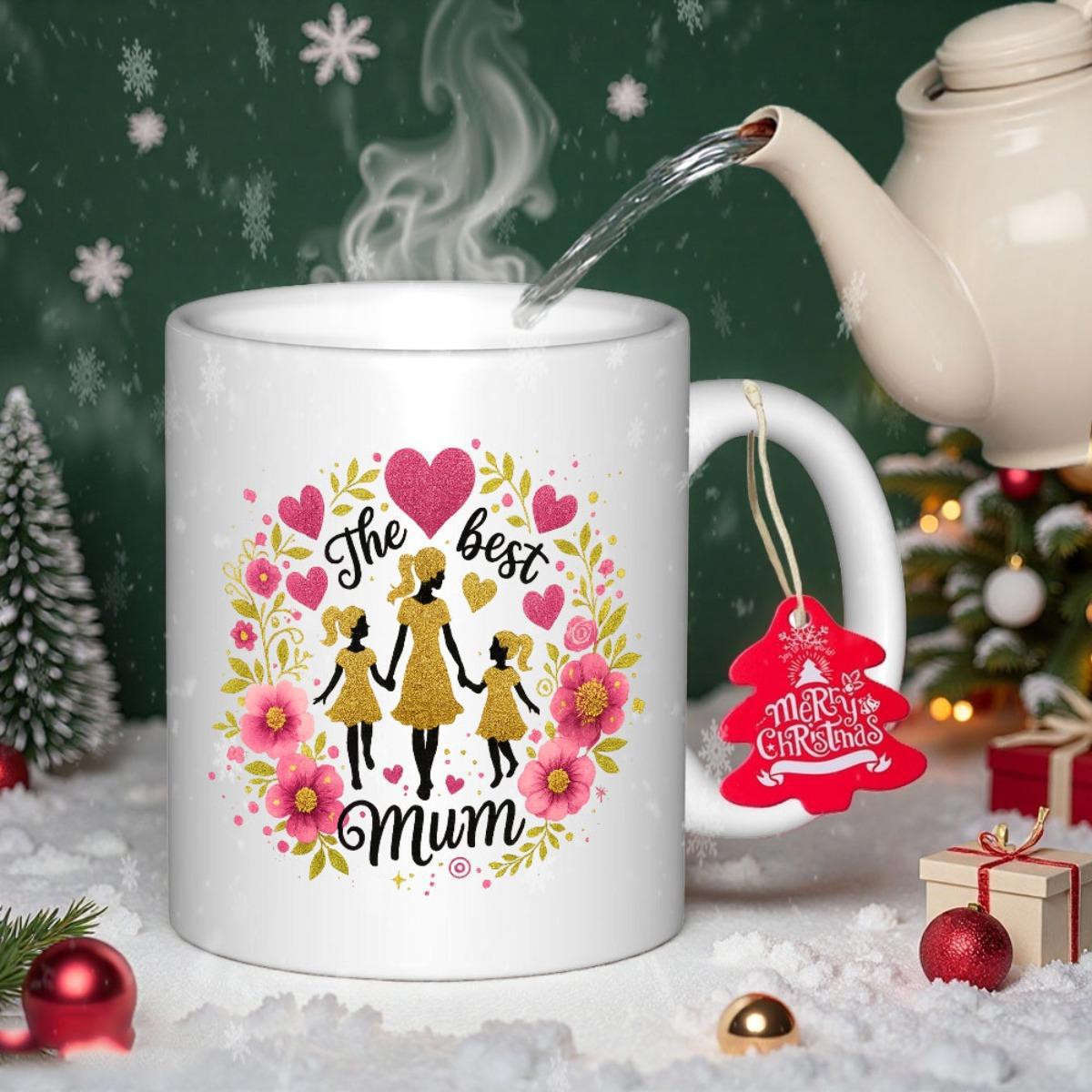 Tailorly White Ceramic 11 oz Mug - The Best Mum Mother Holding Hands With Daughters Within Floral Heart Wreath Mug