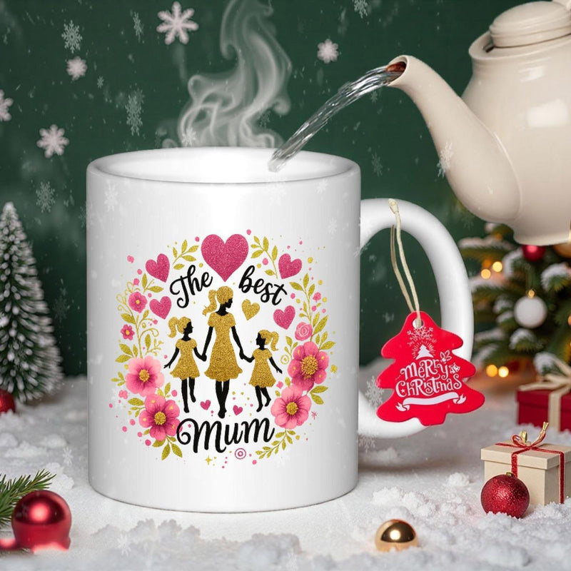 Tailorly White Ceramic 11 oz Mug - The Best Mum Mother Holding Hands With Daughters Within Floral Heart Wreath Mug