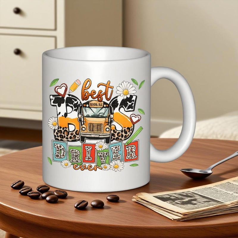 Tailorly White Ceramic 11 oz Mug - Best Bus Driver Ever Classic Yellow School Bus Among Daisies Hearts And Leopard Patterns Bus