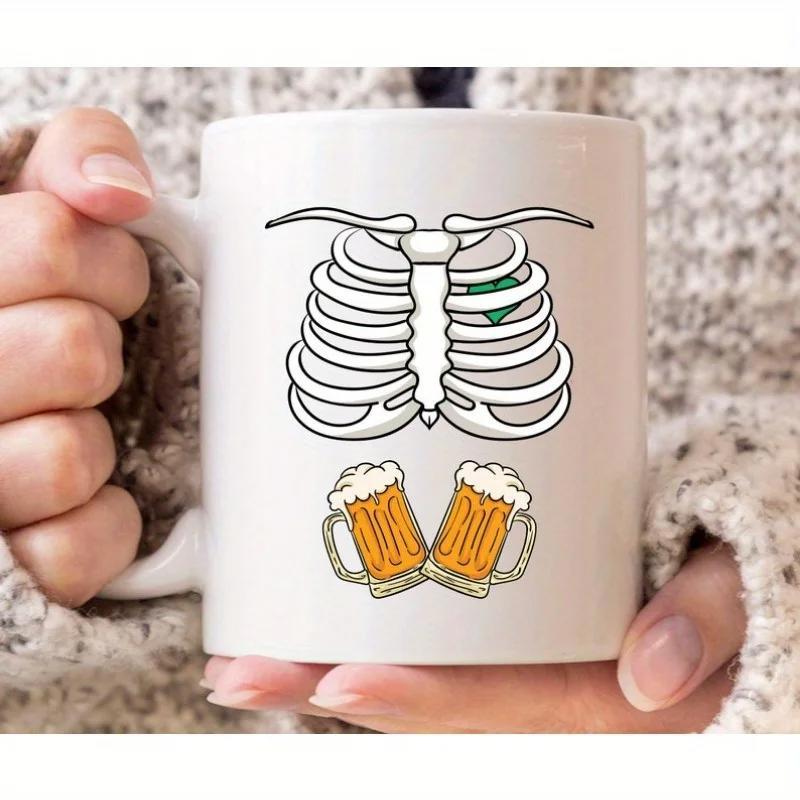 Tailorly White Ceramic 11 oz Mug - Human Ribcage Above Two Clinking Foamy Mugs Of Cold Beer Ribcage