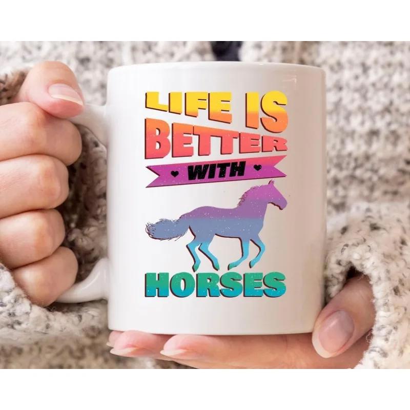 Tailorly White Ceramic 11 oz Mug - Life Is Better With Horses Vibrant Colorful Gradient Silhouette Running Across Retro Style Horse