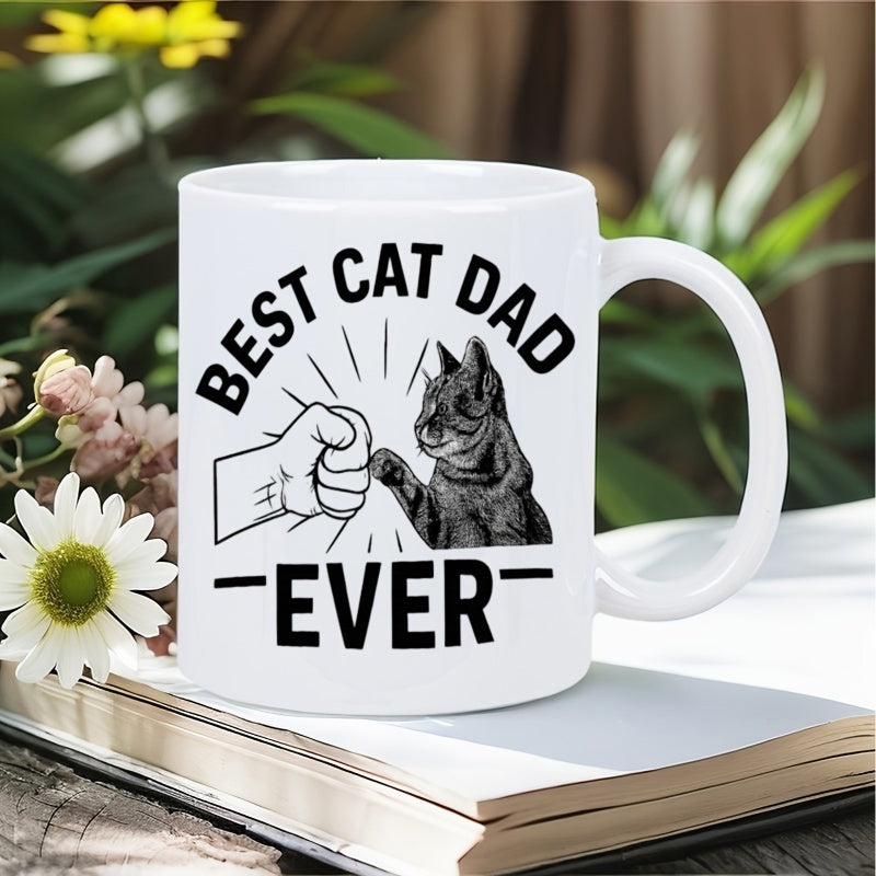Tailorly White Ceramic 11 oz Mug - Best Cat Dad Ever Human Fist Bumping A Cute Feline Paw Within A Minimalist Frame Cat