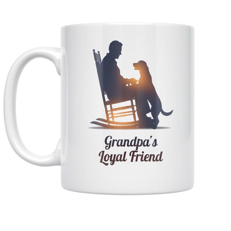 Tailorly White Ceramic 11 oz Mug - Grandpas Loyal Friend Man Sitting In Rocking Chair Watching Sunset With A Faithful Dog