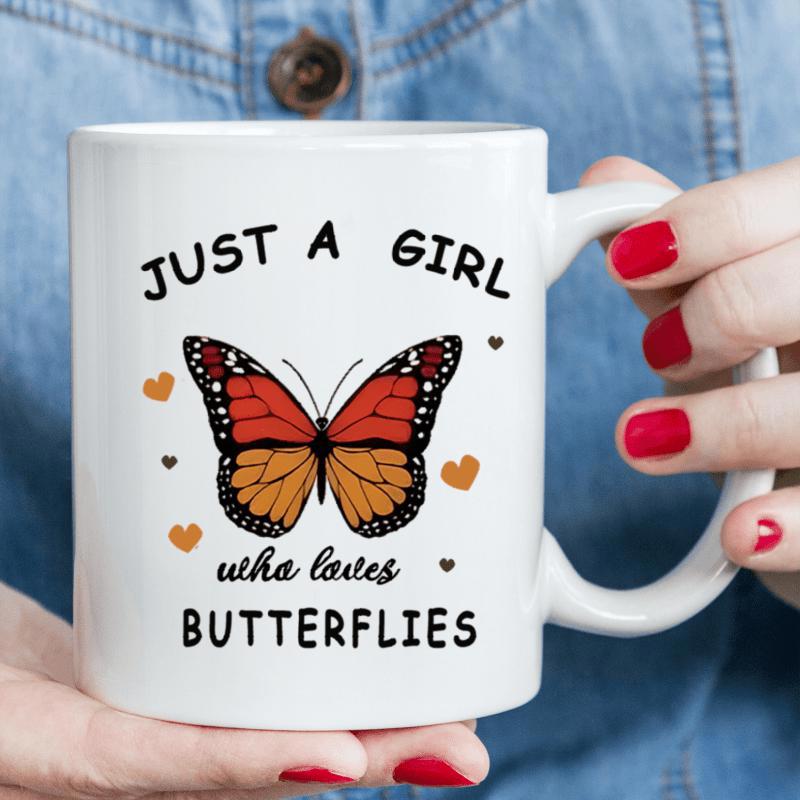 Tailorly White Ceramic 11 oz Mug - Just A Girl Who Loves Butterflies Majestic Monarch With Delicate Wings Flying Among Tiny Scattered Golden Hearts Butterfly