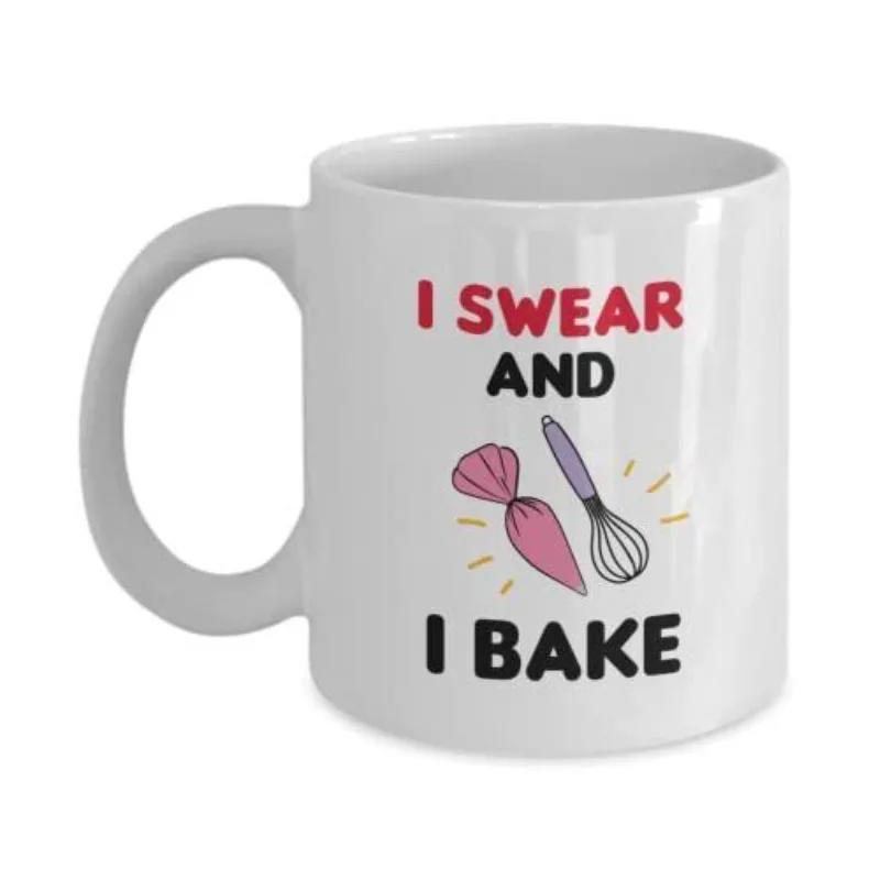Tailorly White Ceramic 11 oz Mug - I Swear And I Bake Professional Baking Utensils Featuring A Pink Pastry Bag And Metal Whisk Mug