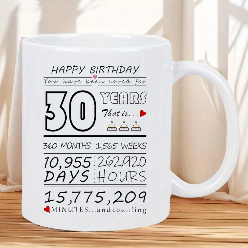Tailorly White Ceramic 11 oz Mug - Happy Birthday 30 Years Minimalist Celebratory Layout With Small Cake Icons And Red Hearts Mug
