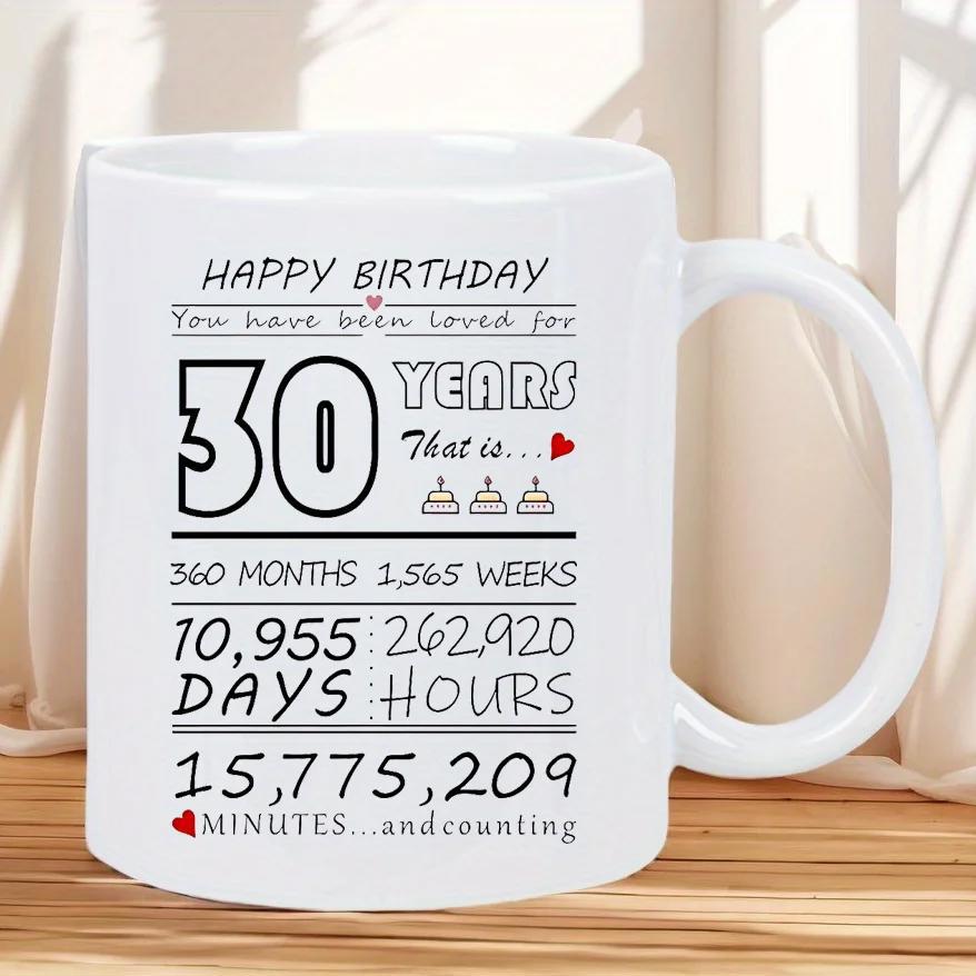 Tailorly White Ceramic 11 oz Mug - Happy Birthday 30 Years Minimalist Celebratory Layout With Small Cake Icons And Red Hearts Mug