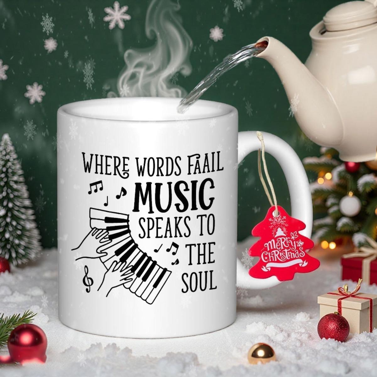 Tailorly White Ceramic 11 oz Mug - Where Words Fail Music Speaks To The Soul Artistic Illustration Of Hands Playing Rhythmic Notes On A Musical Piano