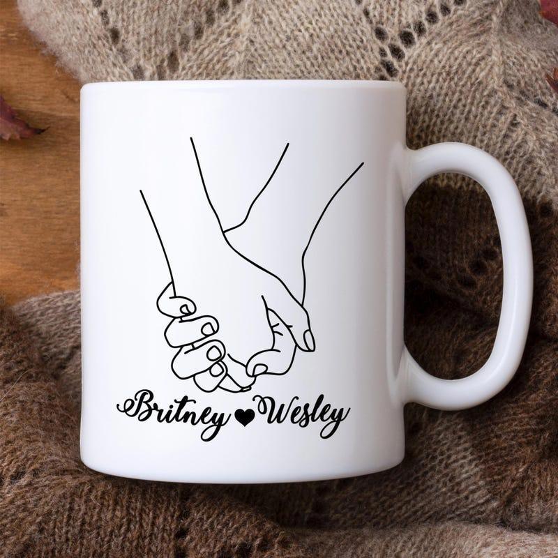 Tailorly White Ceramic 11 oz Mug - Britney Wesley Romantic Minimalist Black Line Art Illustration Representing Love And Togetherness Hands