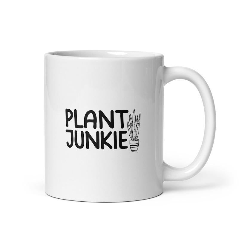 Tailorly White Ceramic 11 oz Mug - Plant Junkie Minimalist Black Line Art Depicting A Potted Snake Plant