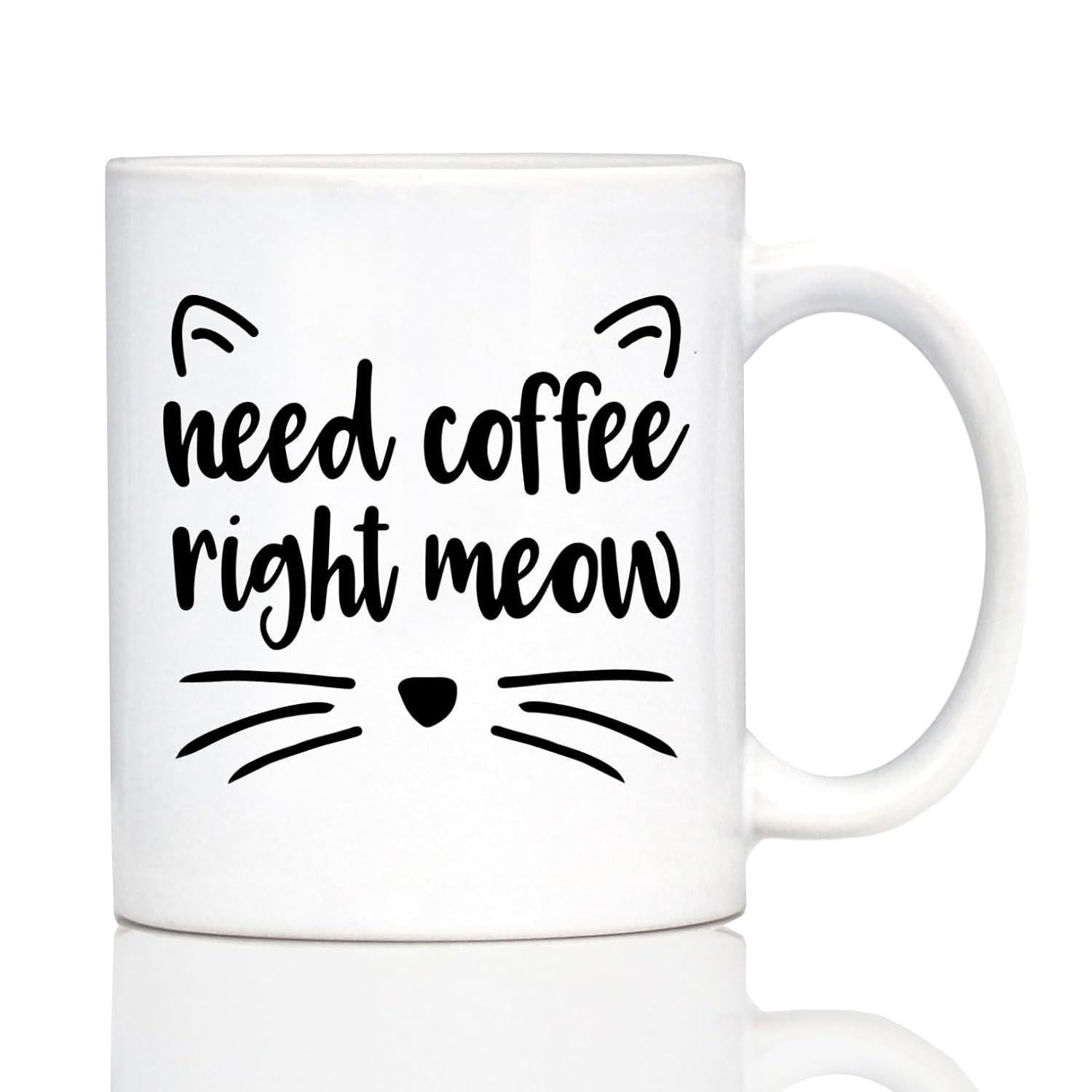 Tailorly White Ceramic 11 oz Mug - Need Coffee Right Meow Minimalist Line Art Cat Face Featuring Whiskers And Heart Nose Cat
