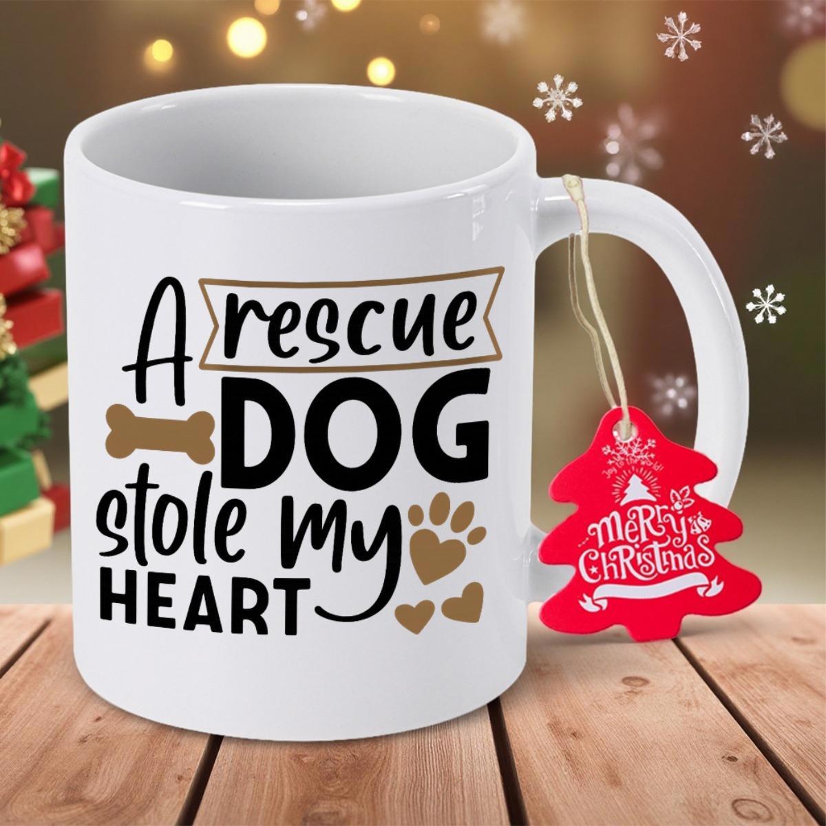 Tailorly White Ceramic 11 oz Mug - A Rescue Dog Stole My Heart Minimalist Graphic Slogan Decorated With Paw Print And Bone Mug