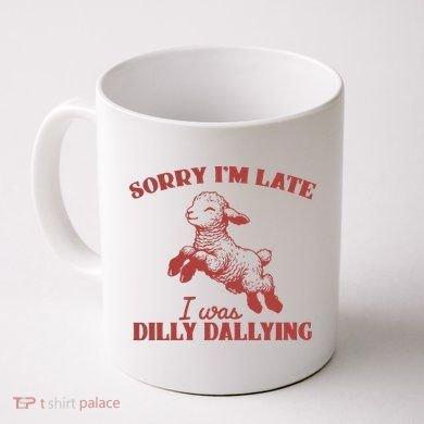 Tailorly White Ceramic 11 oz Mug - Sorry I'm Late I Was Dilly Dallying Joyful Little Lamb Jumping High With Artistic Red Vintage Textured Illustration Lamb