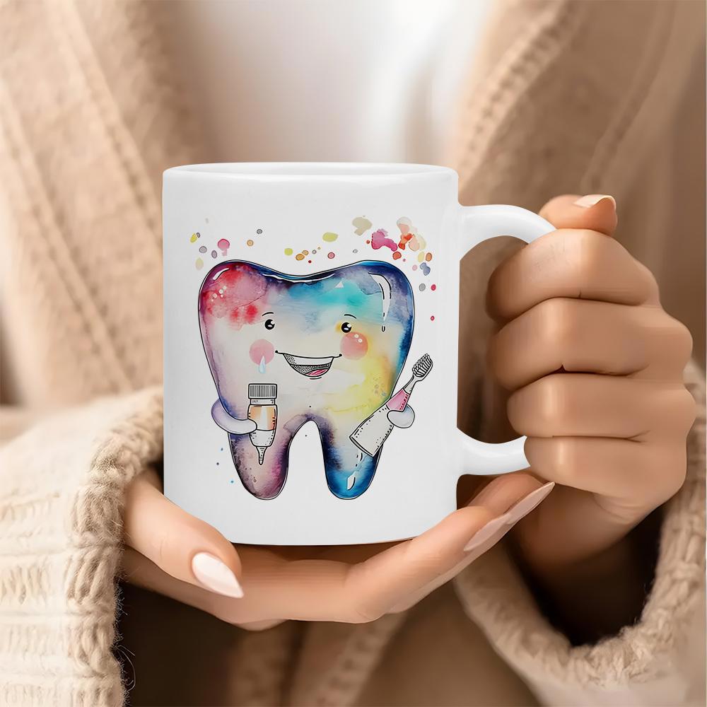 Tailorly White Ceramic 11 oz Mug - Vibrant Watercolor Smiling Tooth Holding A Toothbrush Among Colorful Artistic Splatters Tooth