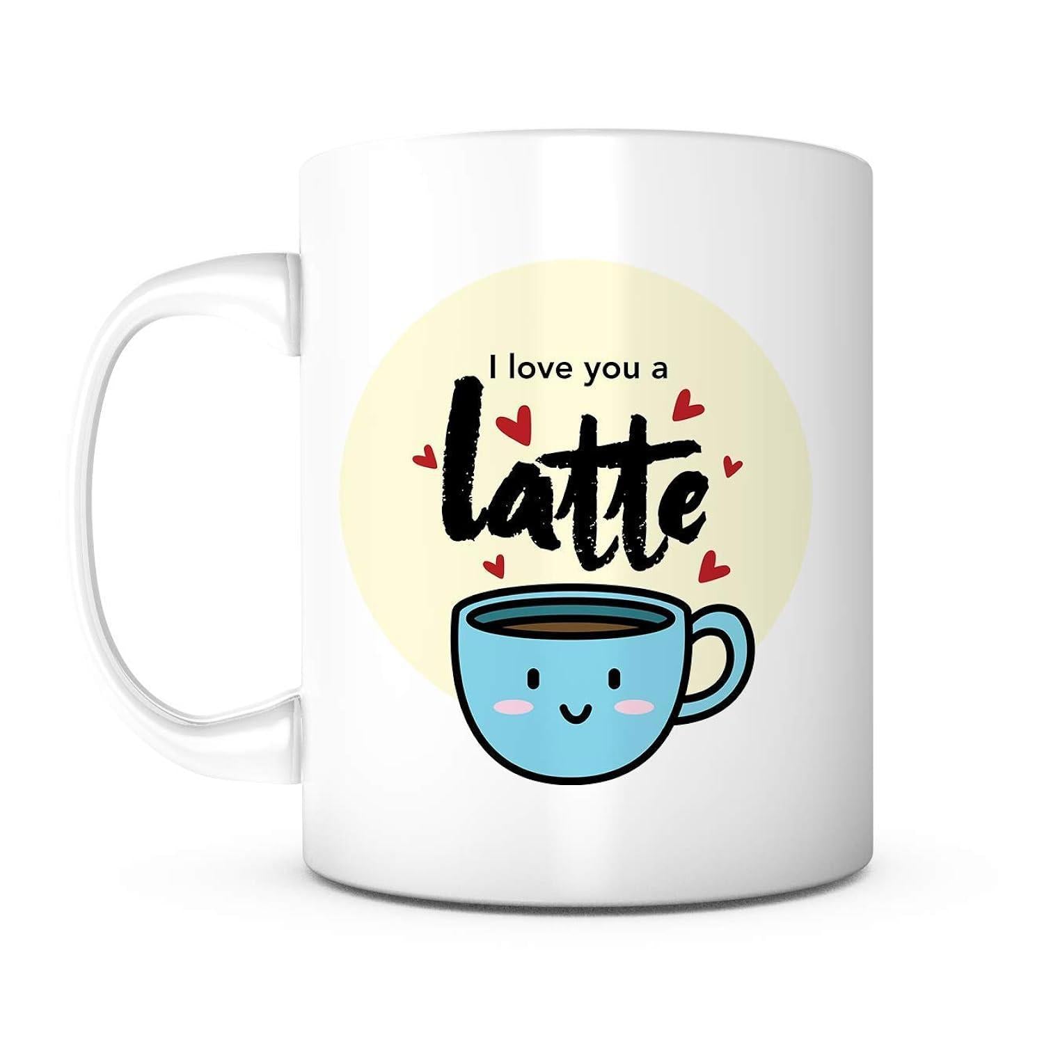 Tailorly White Ceramic 11 oz Mug - I Love You A Latte Smiling Blue Kawaii Coffee Cup Surrounded By Tiny Red Hearts Mug