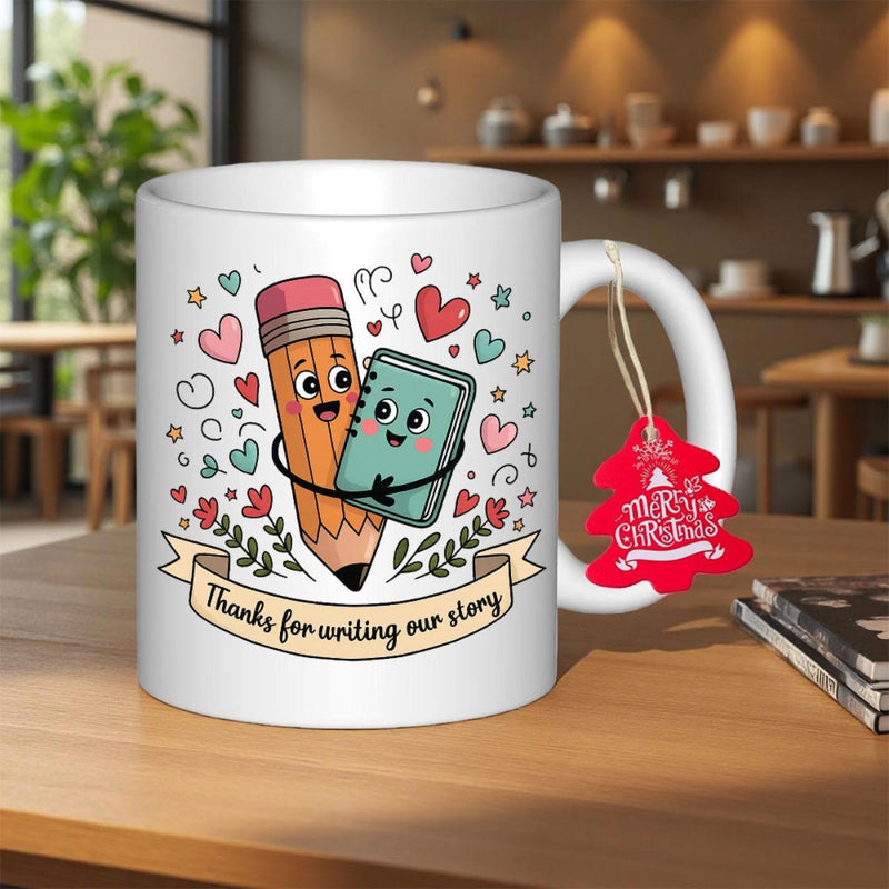 Tailorly White Ceramic 11 oz Mug - Thanks For Writing Our Story Merry Christmas Adorable Cartoon Stationery Characters Hugging Within A Field Of Radiant Hearts
