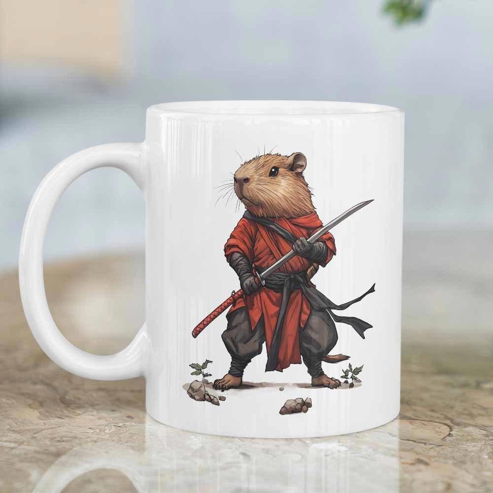 Tailorly White Ceramic 11 oz Mug - Brave Samurai Warrior Dressed In Red Holding A Sharp Japanese Sword Capybara