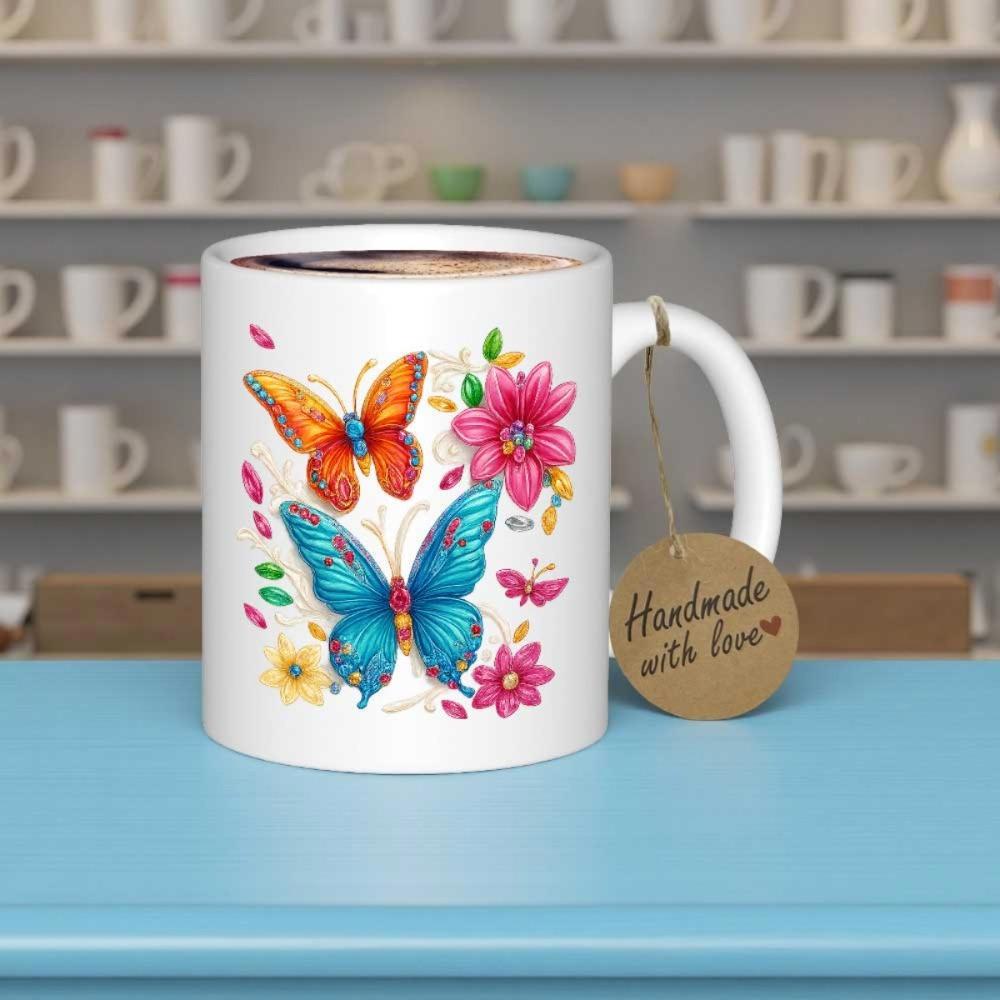 Tailorly White Ceramic 11 oz Mug - Handmade With Love Vibrant Colorful Insects Gracefully Fluttering Among Delicate Spring Garden Blossoms Butterfly