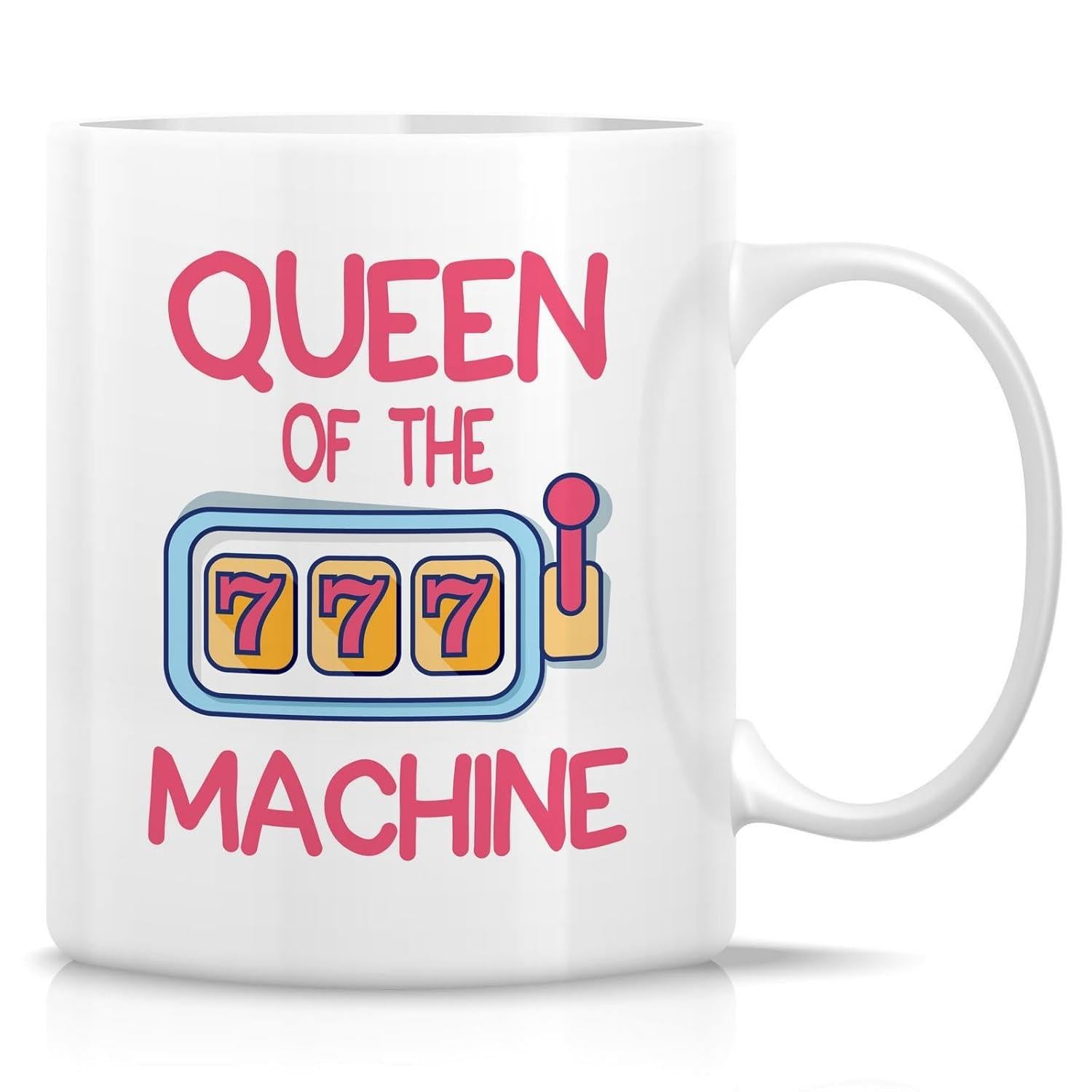 Tailorly White Ceramic 11 oz Mug - Queen Of The Machine Vibrant Playful Cartoon Graphics Featuring Lucky Jackpot Triple Seven Symbols Machine