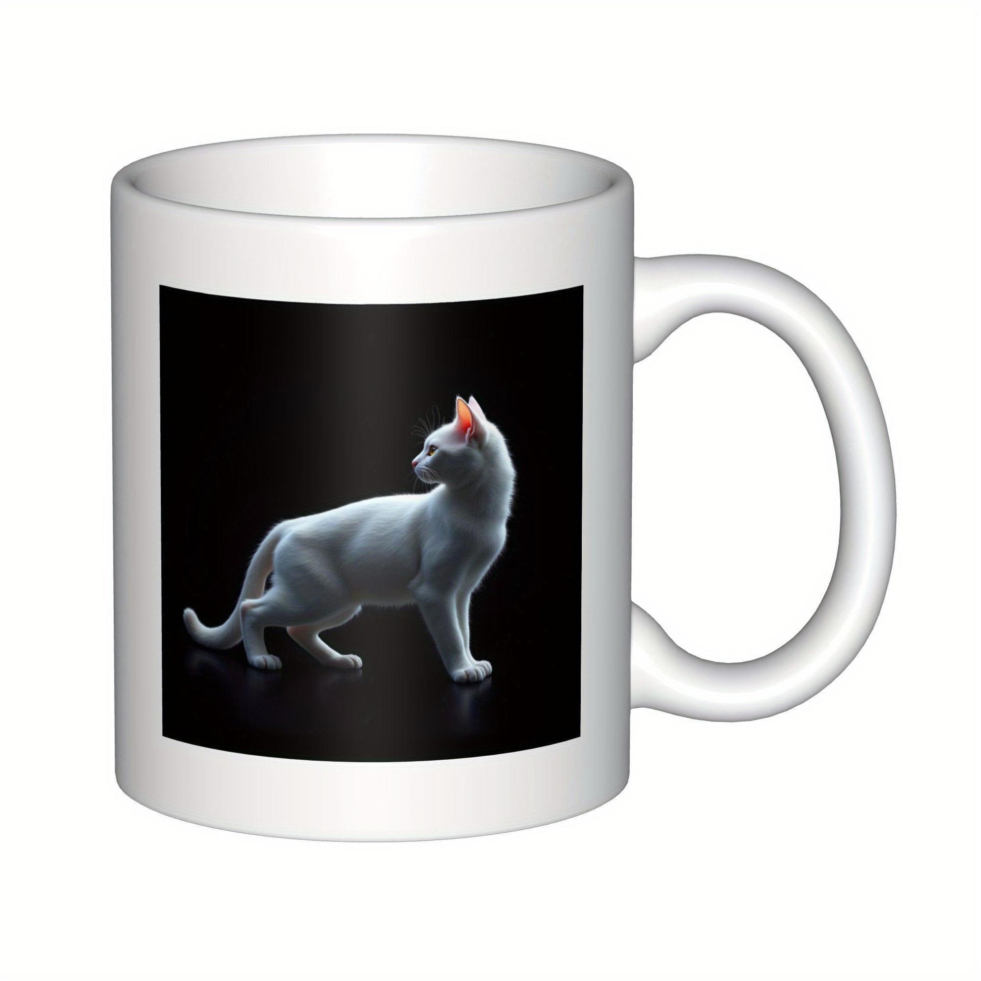 Tailorly White Ceramic 11 oz Mug - Gleaming White Feline Standing Against Dark Background In Poised Stance Cat
