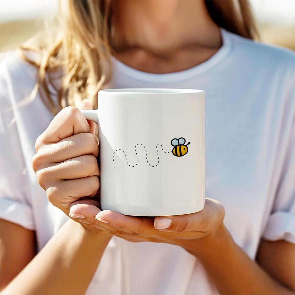 Tailorly White Ceramic 11 oz Mug - Cute Tiny Yellow Flying Cartoon Character Leaving Dotted Line Trail Bee
