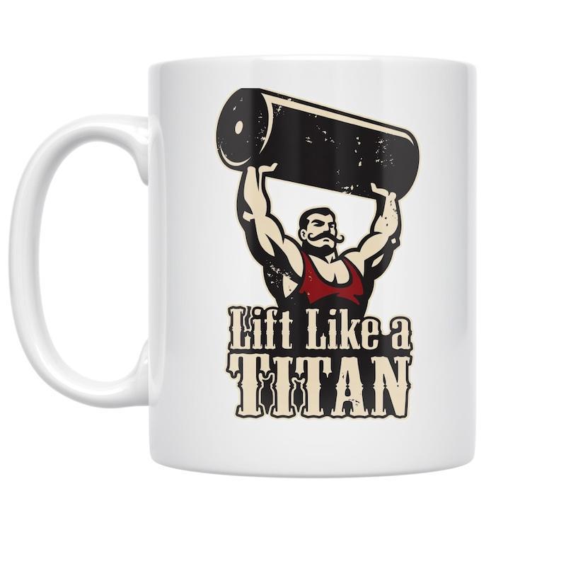 Tailorly White Ceramic 11 oz Mug - Lift Like A Titan Powerful Muscular Strongman With Vintage Mustache Lifting Heavy Black Industrial Weight Strongman