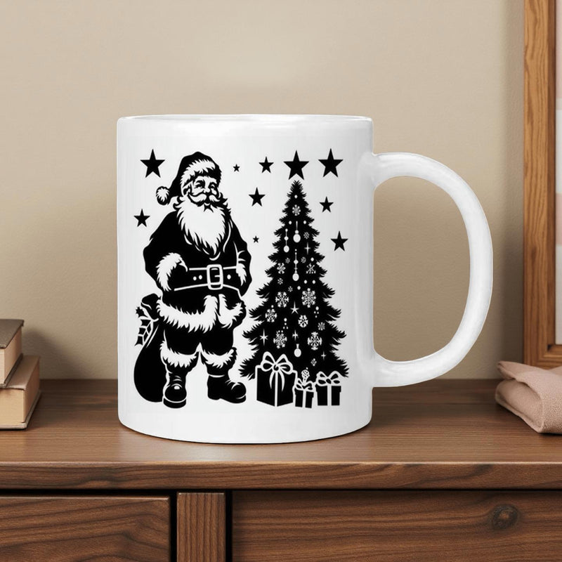 Tailorly White Ceramic 11 oz Mug - Jolly Traditional Silhouette Standing Beside Decorated Tree Surrounded By Shining Stars Santa