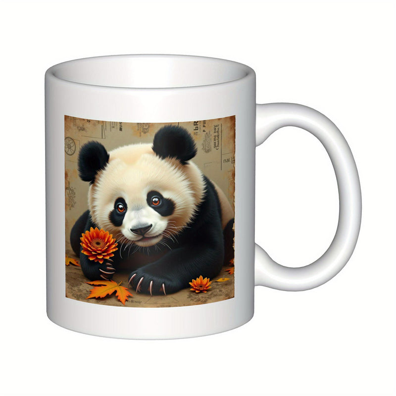 Tailorly White Ceramic 11 oz Mug - Adorable Giant Bear Holding Bright Orange Flower Among Autumn Fallen Leaves Panda