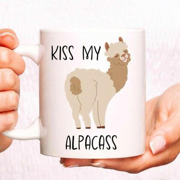 Tailorly White Ceramic 11 oz Mug - Kiss My Alpacass Charming Fluffy Brown White Cartoon Creature With Soft Woolly Fur Alpaca