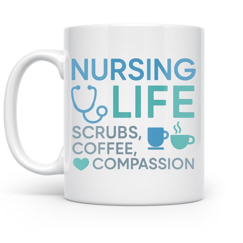 Tailorly White Ceramic 11 oz Mug - Nursing Life Scrubs Coffee Compassion Medical Theme With Stethoscope Heart And Steaming Coffee Mug