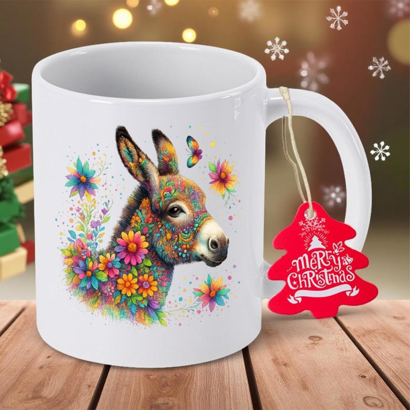 Tailorly White Ceramic 11 oz Mug - Merry Christmas Whimsical Colorful Artistic Floral Patterned Animal With Butterflies And Blooming Flowers Donkey