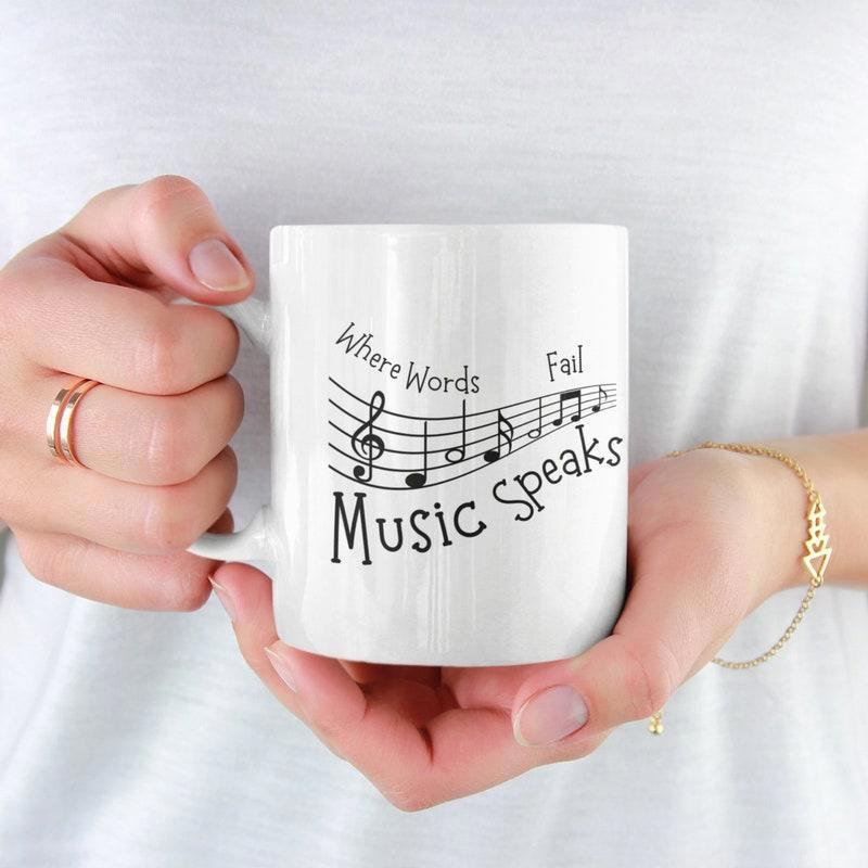 Tailorly White Ceramic 11 oz Mug - Where Words Fail Music Speaks Elegant Musical Staff Flowing With Graceful Notes And Treble Clef Music