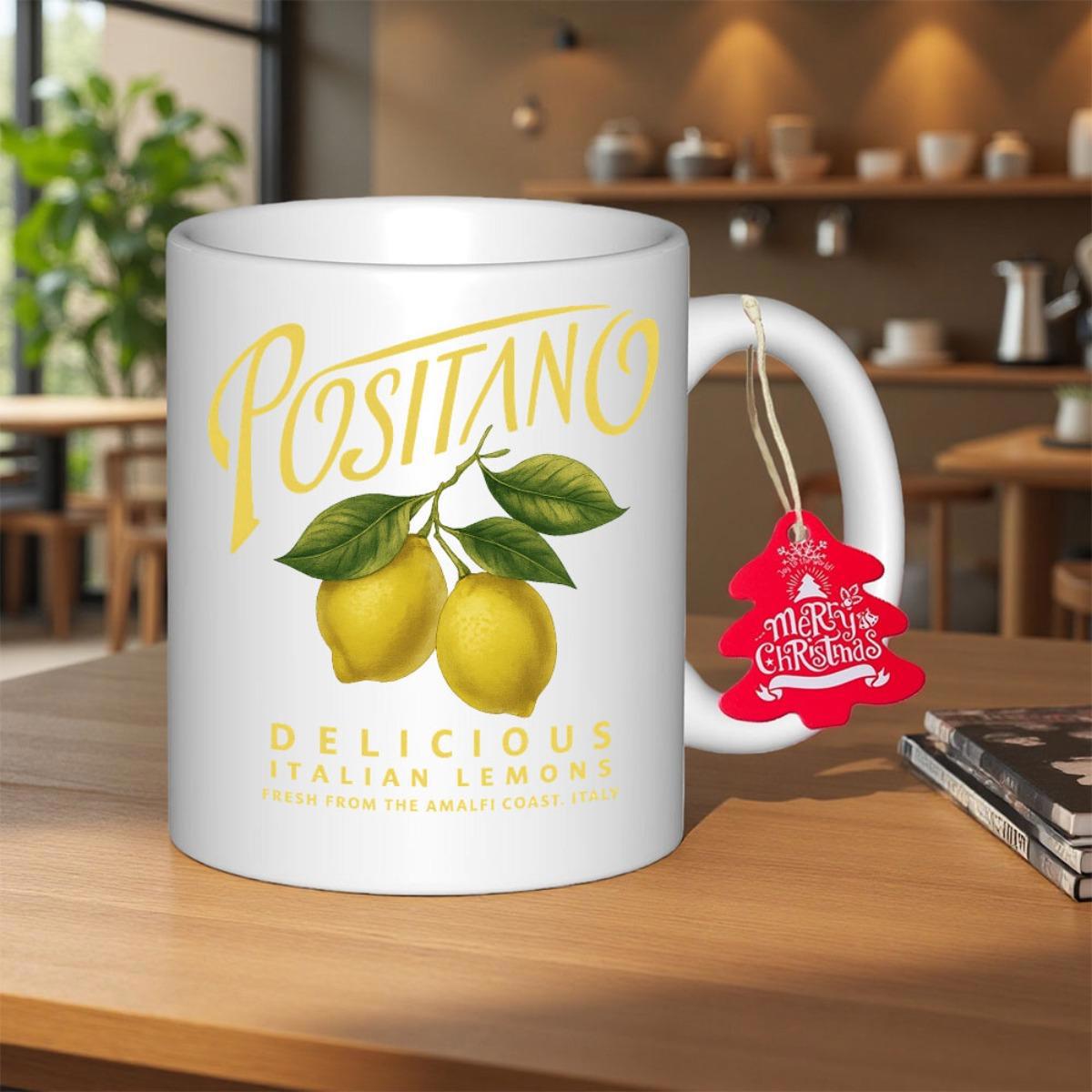 Tailorly White Ceramic 11 oz Mug - Positano Delicious Italian Lemons Vibrant Yellow Lemons On Branch With Green Leaves Under Bright Sunlight Lemon