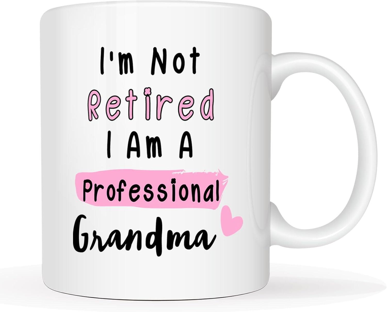 Tailorly White Ceramic 11 oz Mug - Im Not Retired I Am A Professional Grandma Minimalist Typography Design Featuring Heart And Pink Textured Brushstroke Grandma