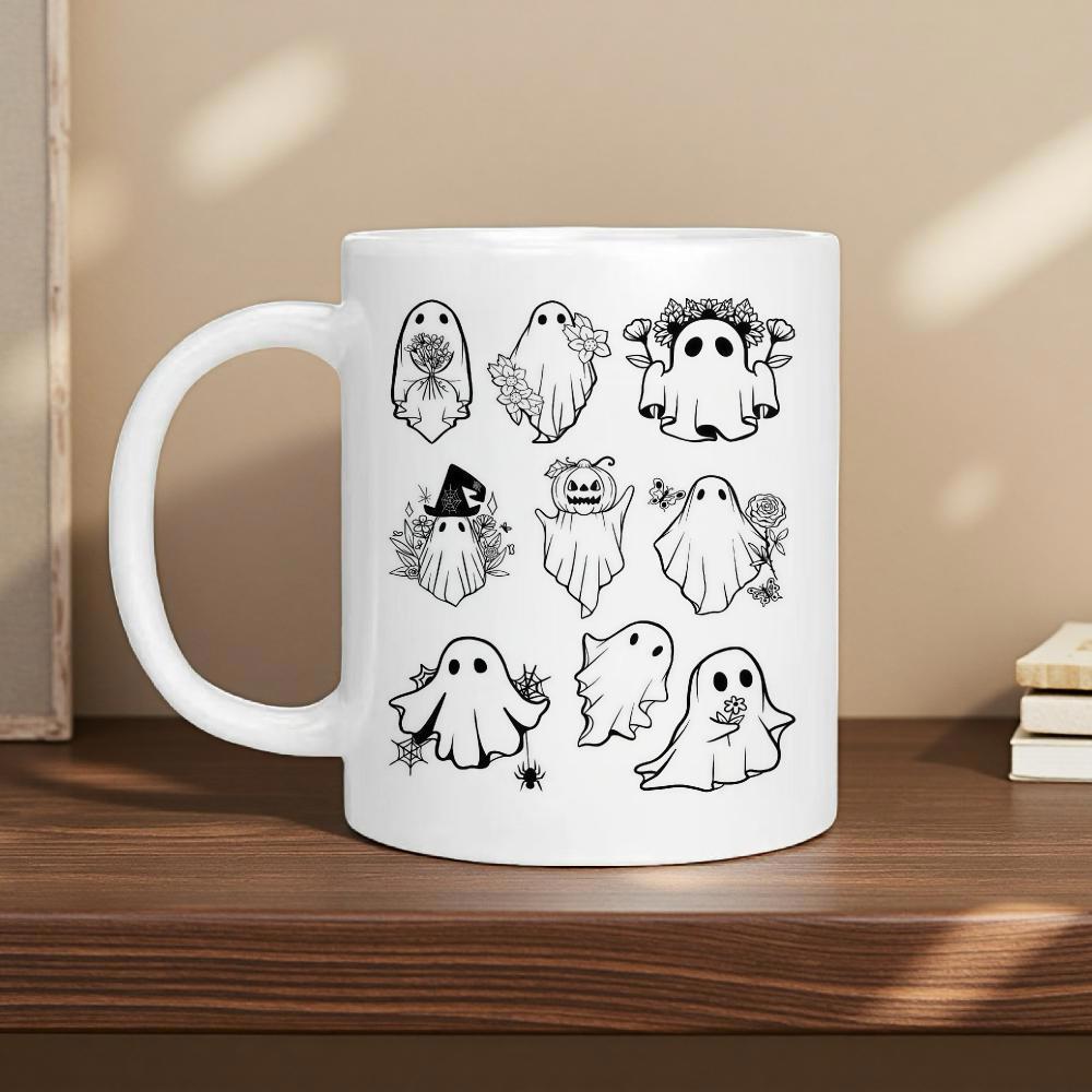 Tailorly White Ceramic 11 oz Mug - Minimalist Hand Drawn Whimsical Black And White Cartoon Halloween Festive Ghost