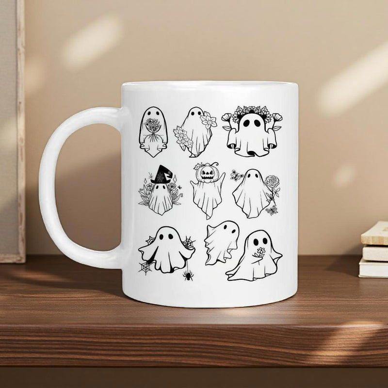 Tailorly White Ceramic 11 oz Mug - Minimalist Hand Drawn Whimsical Black And White Cartoon Halloween Festive Ghost