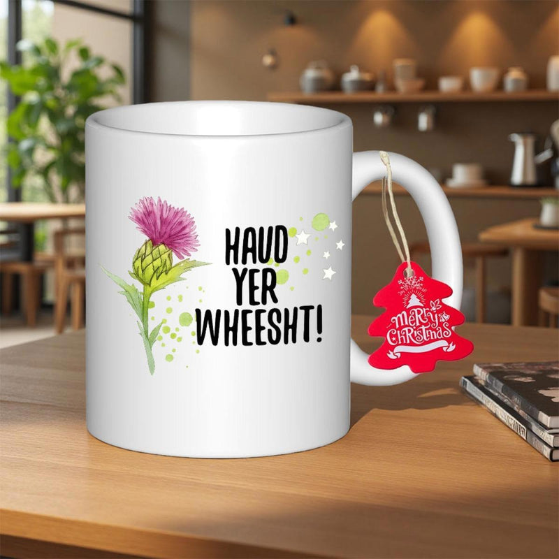 Tailorly White Ceramic 11 oz Mug - Haud Yer Wheesht Elegant Purple Thistle Flower Blooming Among Green Leaves And Thorns Thistle
