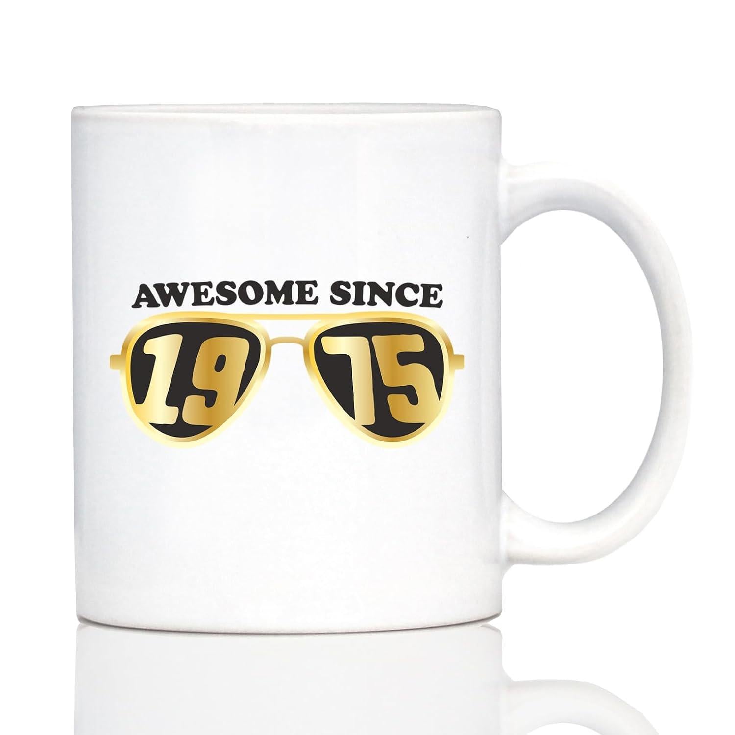 Tailorly White Ceramic 11 oz Mug - Awesome Since 1975 Golden Frame With Bold Numbers Inside Darkened Lenses Sunglasses